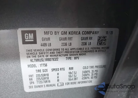 2021 Chevrolet Trailblazer Awd Rs из США, поврежденный, VIN KL79MUSL1MB078322